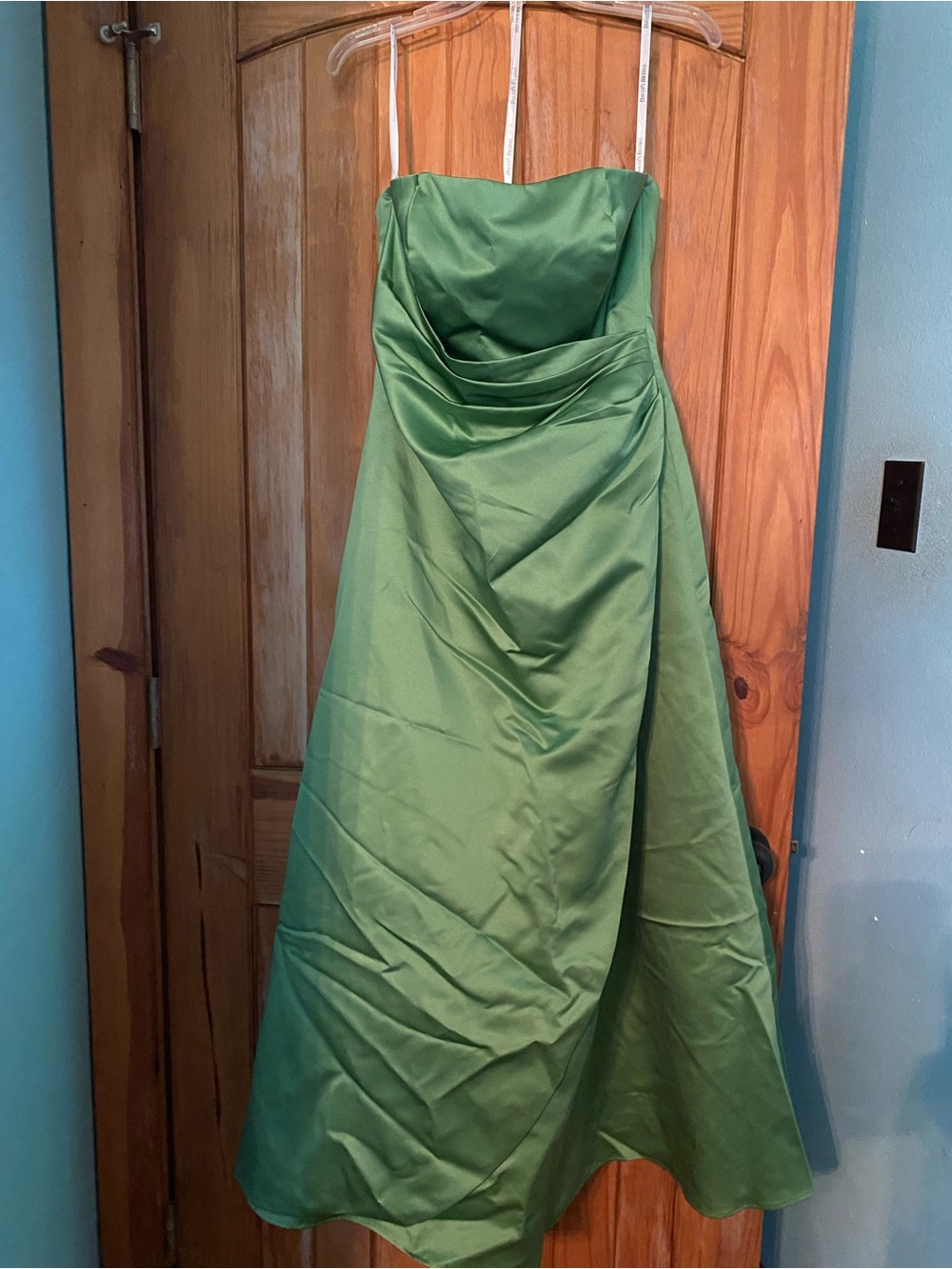 David's Bridal Strapless Green Satin A-Line Dress